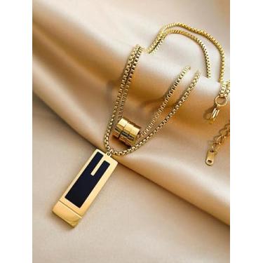 Imagem de Colares com pingente quadrado de camada dupla, corrente de clavícula, banhado a ouro, colar longo, moda exagerada, acessórios, festa, aniversário, dia dos namorados, presente para mulheres amigas