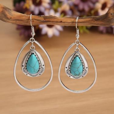 Imagem de Brincos de pingente vintage Boho turquesa incrustados em forma de lágrima com design oco para mulheres, festas diárias, brinco leve para presente para ela