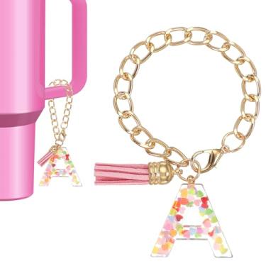 Imagem de Berloque de letras para copo Stanley, lindo pingente inicial A, acessórios para chaveiro Stanley Tumbler Handle chaveiro personalizado para mulheres, rosa