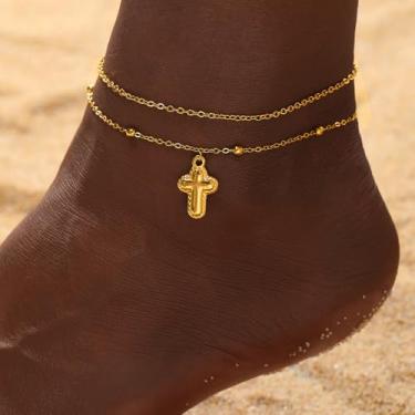 Imagem de Tornozeleira feminina banhada a ouro 14K com pingente de cruz com contas de camada dupla, hipoalergênica, não mancha, presente de Natal, aniversário, joias modernas, One Size, Aço inoxidável, Sem