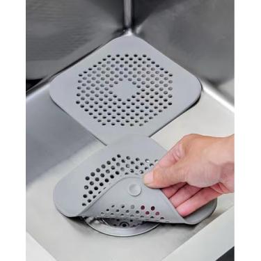 Imagem de 2 peças coletor de ralo de cabelo, capa de drenagem quadrada de silicone com ventosas, chuveiro e banheira rolha de cabelo para banheiro, cozinha e pia, fácil de instalar, (cinza)