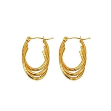 Imagem de Brincos de argola banhados a ouro 18 K triplo redondo tubo redondo altamente polido para mulheres, 32mm, Aço inoxidável, Sem pedra preciosa