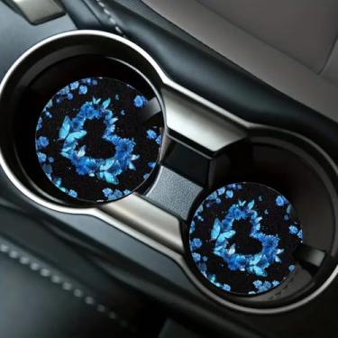 Imagem de 2 peças de porta-copos de carro com coração de borboleta, tapete de bebida antiderrapante à prova de choque, tapete de acessórios automotivos à prova de poeira, porta-copos redondos para carros