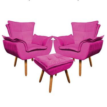 Imagem de Kit 02 Poltronas Opala Com 01 Puff Opala Suede Pés Palito Castanho DRossi Pink