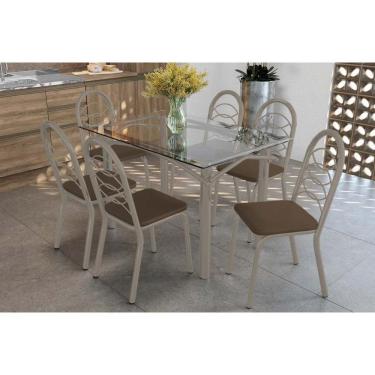 Imagem de Conjunto: Mesa Sala Jantar Elba C- Tampo De Vidro 120cm E 6 Cadeiras Holanda Niquel - Courano Marrom - Kappesberg