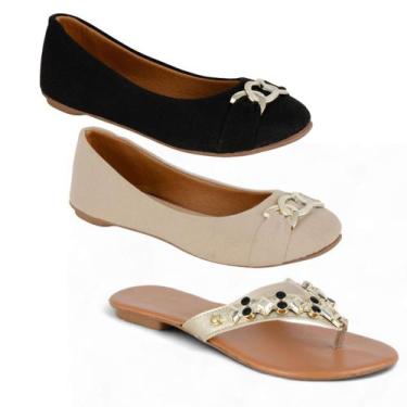 Imagem de Kit 3 Pares De Sapatilha Bico Redondo Preto Bege e Rasteirinha Feminin