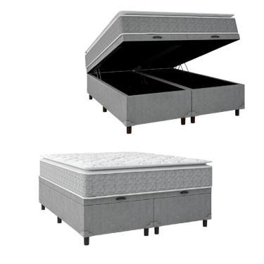 Imagem de Cama Box Baú Casal Colchão Pillow 158x198x74cm Cinza/branco