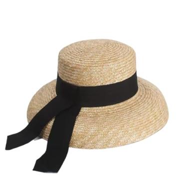 Imagem de Chapéu feminino de palha com alça de palha para primavera verão proteção solar praia estilo hepburn chapéu de palha preto M 55-57 cm