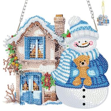 Imagem de Jawecci Boneco de neve e casa diamante arte pendurada e chaveiros, quadros de pingentes, formato especial, pintura de diamante de Natal, placa pendurada com corrente, ornamentos de dupla face, porta