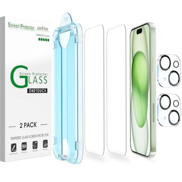 Imagem de Película amFilm OneTouch 2 + 2 para iPhone 15 Plus de 6,7 Polegadas, Vidro temperado, Protetor de Lente da Câmera, Sem bolhas, Kit de Instalação Fácil, Premium, Dureza 9H, Antiarranhões