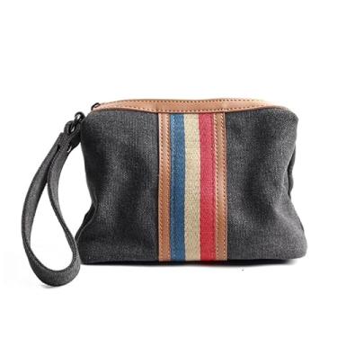 Imagem de Bolsa de mão masculina listrada de lona de couro casual fashion bolsa portátil para celular organizador de viagem, Preto