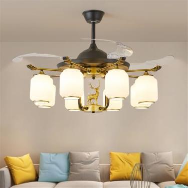 Imagem de Ventilador de teto moderno e discreto com luz LED para sala de estar, restaurante, quarto, escritório, casa de campo ou hotel, com controle remoto (8 lâmpadas, 1 unidade).