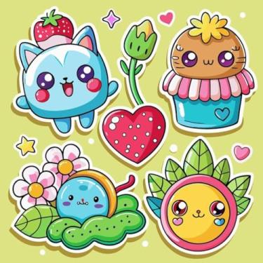 Imagem de Adesivos Kawaii fofos para decoração infantil desenhos de animais, flores e alimentos 40x40cm