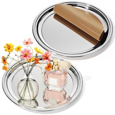 Imagem de LemonRoad Conjunto de 2 bandejas decorativas redondas prateadas espelhadas de aço inoxidável de 29 cm, bandeja de servir de metal com acabamento espelhado, bandeja circular de barra com tapete