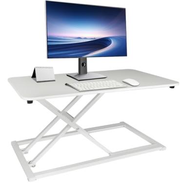 Imagem de Conversor de mesa extrafino de 61 x 35,5 cm branco, elevador de mesa vertical com altura ajustável manual, compacto para monitor ou estação de trabalho de laptop