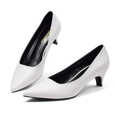 Imagem de GENSHUO Sapatos femininos de salto gatinho – bico fino fechado 5 cm salto baixo sem cadarço, sapatos sociais confortáveis para trabalho, escritório, casamento e uso diário casual, Branco fosco, 40