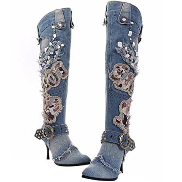 Imagem de Lorie & Knight Botas femininas azuis/cinza jeans cano alto rebite punk salto agulha bico fino, Azul, 36