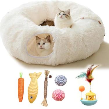 Imagem de Túnel de donut para gatos, pelúcia macia, esconde-esconde-esconde, túnel de donut, vem com brinquedos de brincar, adequado para gatinhos e coelhos pequenos, médios e grandes (branco)