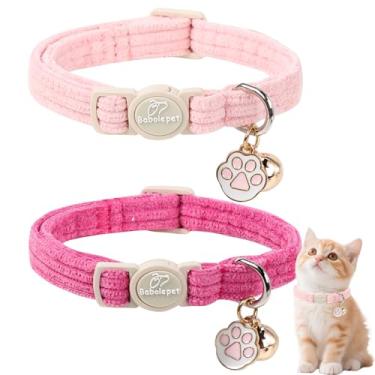Imagem de Babole Pet Pacote com 2 coleiras de veludo cotelê para gatos – coleira fofa com pingente de sino e pata, coleiras macias ajustáveis para gatinhos de outono e inverno para meninas, meninos e gatos