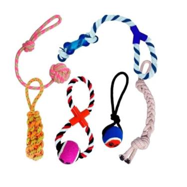 Imagem de Kit 5 Brinquedos de Cordas para Cachorro – Mordedores e Puxadores Resistentes, Interativos e Antiestresse – Ideal para Higiene Bucal e Diversão do Pet (cores podem variar)