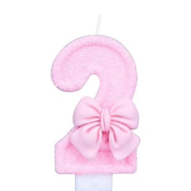 Imagem de Vela de aniversário para bolo, decoração de topo de bolo de aniversário com laço rosa, velas de bolo para 2ª festa temática de meninas, artigos de festa de aniversário (número 2)