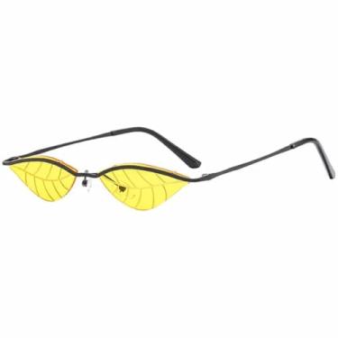 Imagem de Óculos de sol populares sem aro com folha de metal, armação pequena retrô para mulheres e homens, óculos de sol para atividades ao ar livre, verão, viagem, UV400 (preto e amarelo)