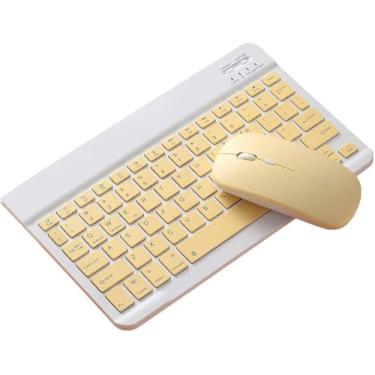 Imagem de Kit Mini Teclado e Mouse Sem Fio Bluetooth Recarregável, Portátil, Conexão 2.4GHz, Alcance 10m (Amarelo)