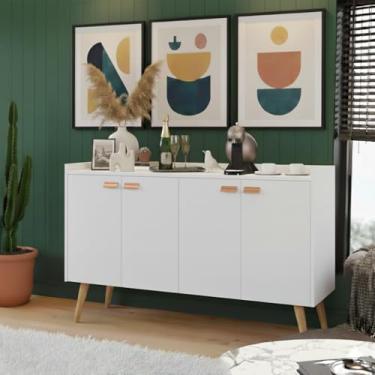 Imagem de Aparador Buffet 4 Portas Retrô Pés Palito Zeus, Móvel Bar Cantinho do Café com Prateleiras, Para Sala de Jantar e Cozinha, Design Vintage Moderno (Branco)