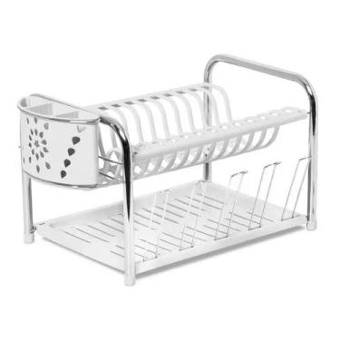 Imagem de Escorredor de Louça Branco Moderno com Porta-Talheres, Organizador de Pia para Pratos, Tigelas e Copos, Aço com Revestimento Antiferrugem, Fácil de Limpar