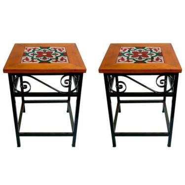 Imagem de Kit 2 Bancos de Ferro e Madeira Rústico com Ladrilho Hidráulico - Esti