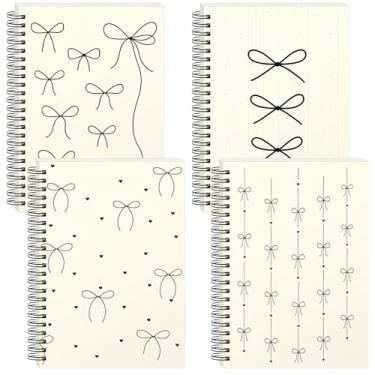 Imagem de Resurhang Pacote com 4 cadernos Coquette Preppy Bowbow, Caderno A5 em espiral estético, para mulheres, material escolar com laço fofo, pautado na faculdade (preto, laço simples)