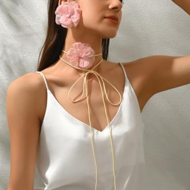 Imagem de Conjunto de gargantilha de flores vintage e brincos de declaração, joias de flor de organza macia com centro de pérolas, colar de fita de gravata borboleta romântica, acessórios elegantes para