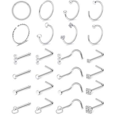 Imagem de Ftovosyo 18G 20G Anéis de nariz de aço cirúrgico argola para mulheres homens pavimentado CZ flor piercing de narina joias em forma de L conjunto de anéis de nariz, Metal Cristal, Zircônia cúbica