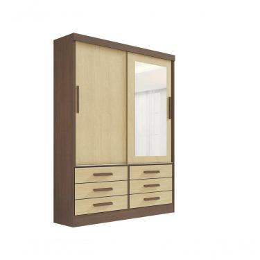 Imagem de Guarda Roupa Casal Meridian Com Espelho 2 Portas 6 Gavetas Com Pés - D' Doro Castanho/linho
