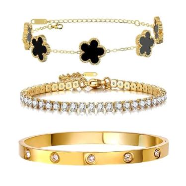 Imagem de Arthur Liu Conjunto de 3 pulseiras empilháveis de flor da sorte – Aço inoxidável banhado a ouro 14 K com zircônia cúbica fofa e charmosa para mulheres joias, One Size, Aço inoxidável, Zircônia cúbica