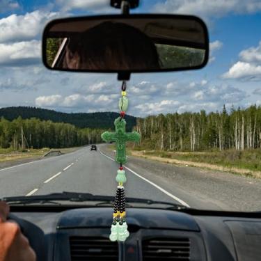 Imagem de Enfeite para pendurar carro cruzado, contas de cristal, borlas, pingente de espelho retrovisor de carro para mulheres, pingente de espelho retrovisor automotivo religioso, acessório de decoração de