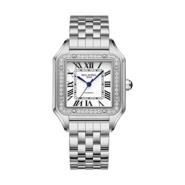 Imagem de Relógio feminino de luxo mecânico automático, relógio feminino quadrado de 33 mm, pulseira de couro italiano, algarismos romanos, cristal de safira, relógios de pulso analógicos de diamante à prova