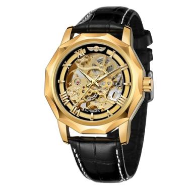 Imagem de WENFVVIN Relógio de pulso masculino automático esqueleto mecânico numeral romano dodecágono com pulseira de couro genuíno, Dourado