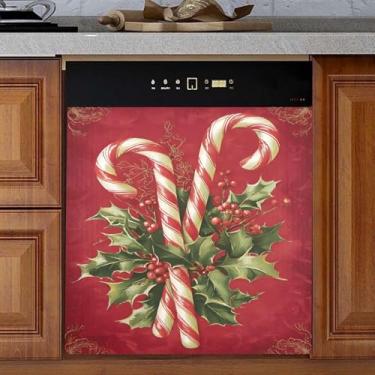 Imagem de Bengalas doces de Natal vermelho azevinho capa ímã de geladeira porta frontal decoração adesivo arruelas painel de geladeira decalque capa 58 cm x 66 cm
