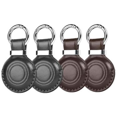 Imagem de MOLOVA Pacote com 4 chaves de couro para suporte de AirTag, design compacto com capa de AirTag, capa segura para Apple para AirTags, com anel de aço inoxidável, acessórios de chaveiro, preto/preto