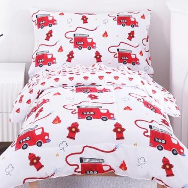 Imagem de Viviland Jogo de cama infantil de microfibra macia para meninos e meninas, caminhão de bombeiros, caminhão de bombeiros