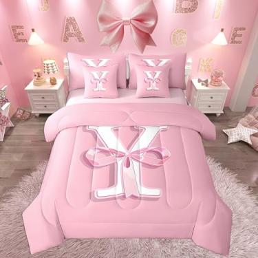 Imagem de jejeloiu Conjunto de cama com laço rosa, presente personalizado para meninas adolescentes, tamanho solteiro, decoração letra Y, conjunto de 7 peças, cama ultra macia em uma bolsa com edredom, lençóis,