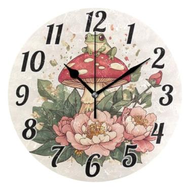Imagem de ALAZA Relógio de parede com flor de sapo cogumelo, relógio operado por bateria, silencioso, 24 cm, relógios de parede sem tique-taque para quarto e sala de estar decorativo