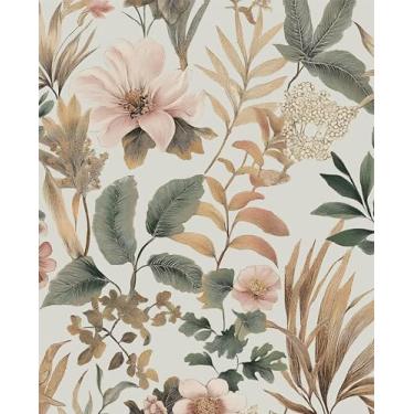 Imagem de Papel de parede floral vintage rosa verde dourado botânico vinil autoadesivo removível retro folha mural de parede para sala de estar paredes armário cômoda decoração de mesa 44,5 cm x 299,7 cm