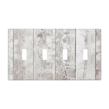 Imagem de Nadoabtm Capas para interruptores de luz, rústico, vintage, branco, grão de madeira, quatro interruptores, placa de parede decorativa para decoração de casa de fazenda