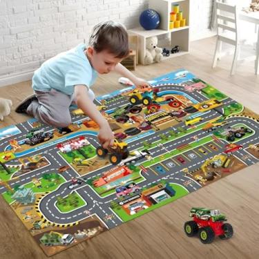 Imagem de Brinquedo Tapete Infantil com Carrinhos, Verde, 80x70cm, Kit com 2 Carrinhos e Acessórios de Trânsito