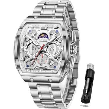 Imagem de OLEVS Relógio de pulso masculino quadrado de aço inoxidável à prova d'água luminoso em dois tons de quartzo, analógico, quartzo, data e diamante, G2942-prata, G2942-silver, relógio masculino