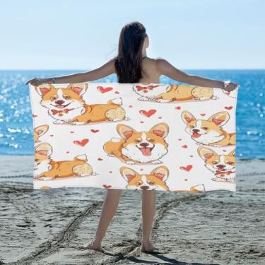 Imagem de hongjinglin Toalha de praia absorvente de secagem rápida cão corgi coração bonito microfibra leve toalha de piscina toalhas de banho macias sem areia para praia, natação, banheiro, chuveiro