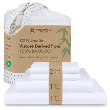 Imagem de Threadmill Lençóis de viscose feitos de bambu tamanho casal | Lençóis leves e sedosos refrescantes com bolso profundo | Respirável e regulador de temperatura | Roupa de cama para todas as estações |