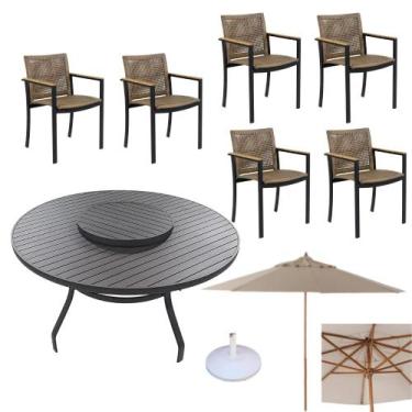 Imagem de Jogo conjunto de mesa giratória com 6 cadeiras e ombrelone para jardim